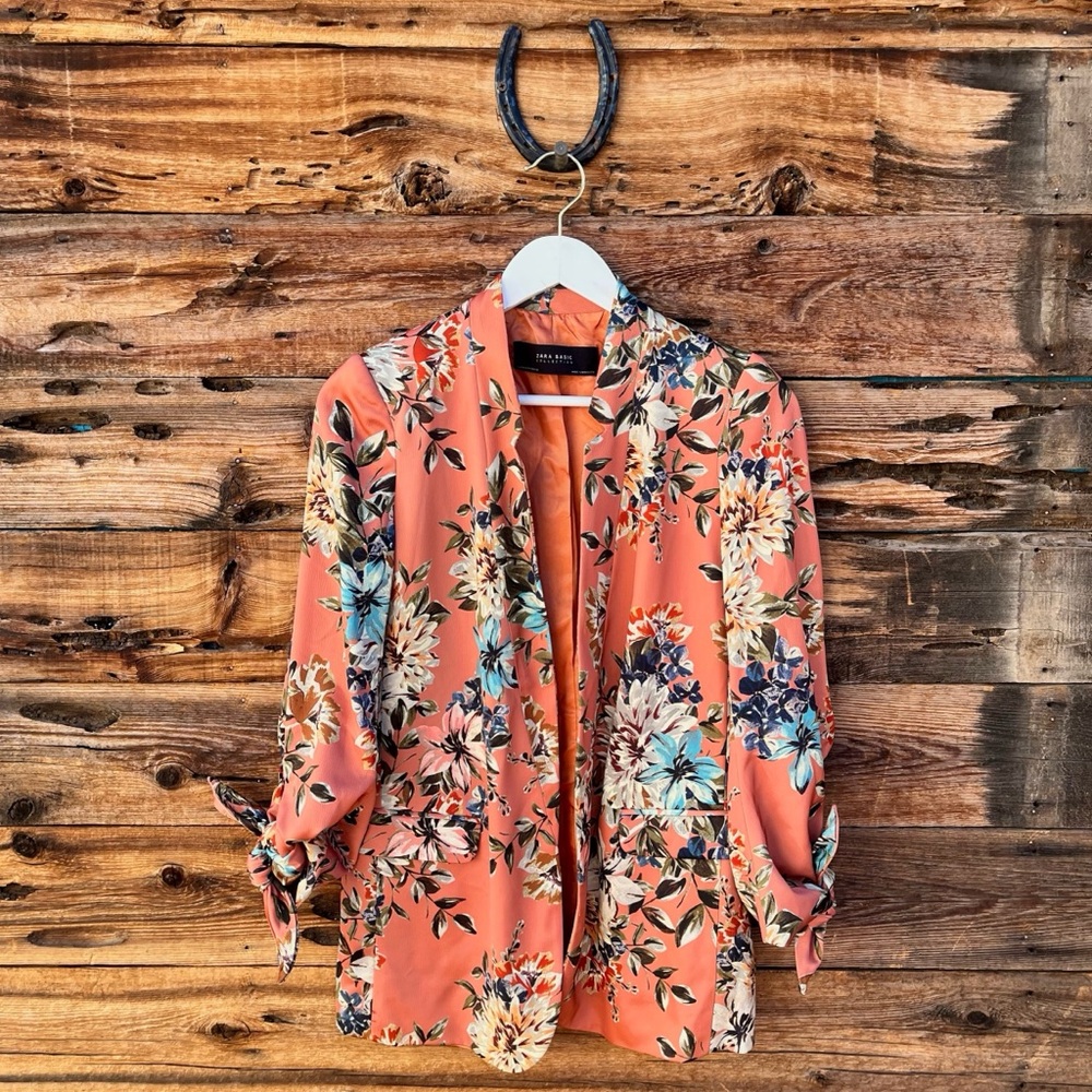 ZARA | Floral Flowing Blazer Jacket Orange Coral Bloggers M